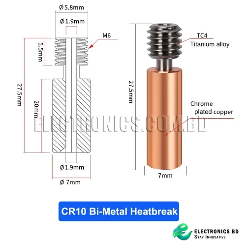 CR10 Bimetal Throat Bimetal Heatbreak, Sprite Extruder Pro Throat Tube Copper + Titanium Alloy Support 400℃ Compatible with CR10 Bimetal Throat