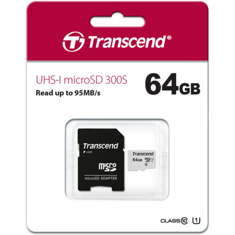 TRANSCEND 64GB MICROSDHC 300S CLASS 10 SD MEMORY CARD LIFE TIME WARRANTY