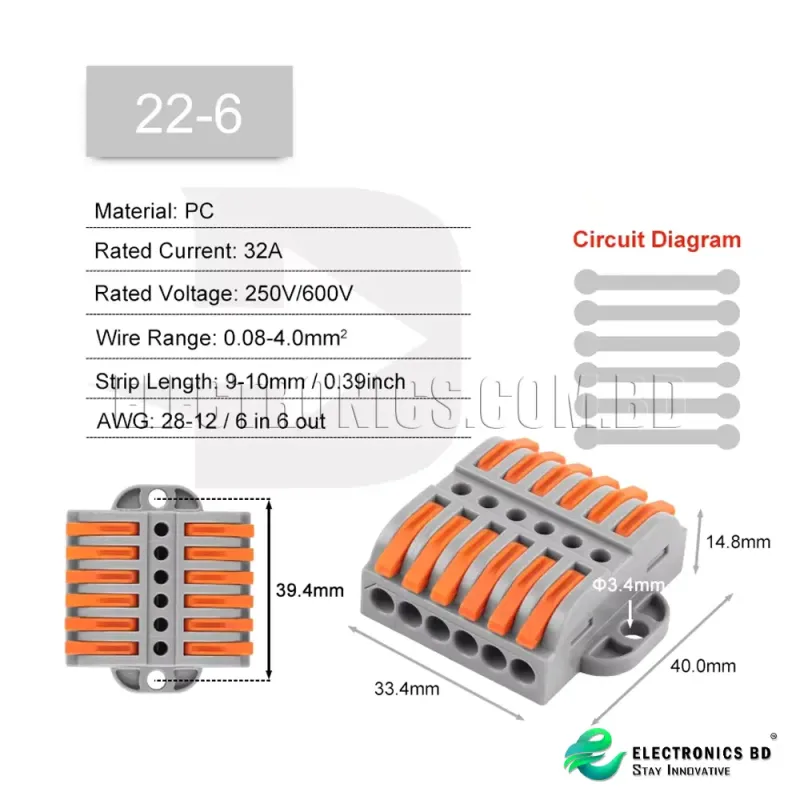 NC-22-6 Quick Universal Compact Wire Cable Connector connection With Electric Measuring Hole Cable Terminal Block