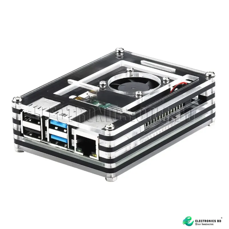 Acrylic Case for Raspberry Pi 4 Model B, Raspberry Pi Case with Cooling Fan (Black and Clear)