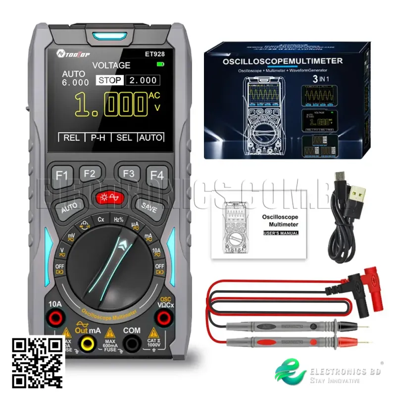 TOOLTOP ET928 3 In 1 Oscilloscope Multimeter Signal Generator 12MHz 50Msps Portable High Storage Capacity Low Power Consumption