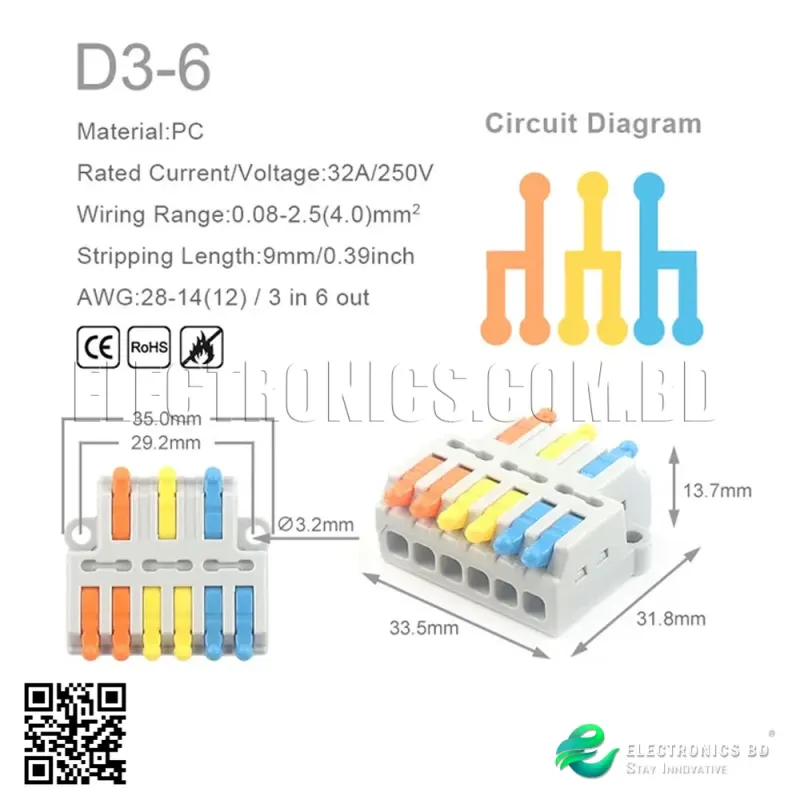 D3-6 (3 by 6) Mini Quick Wire Conductor Connector Universal Compact Splicing Push-in Terminal Block