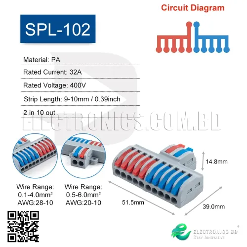 SPL-102 (2 by 10) Mini Quick Splicing Universal Cable Connector Wire Connector Push-in Conductor Lever Crimp Terminal Block Butt Connectors SPL